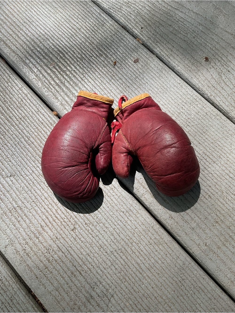Vintage Burgundy Leather Boxing Gloves w/ Yellow Trim 4.5” L x 2” W
